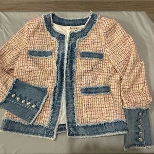 Chic Tweed Jacket with Denim Trim - Pink Multi